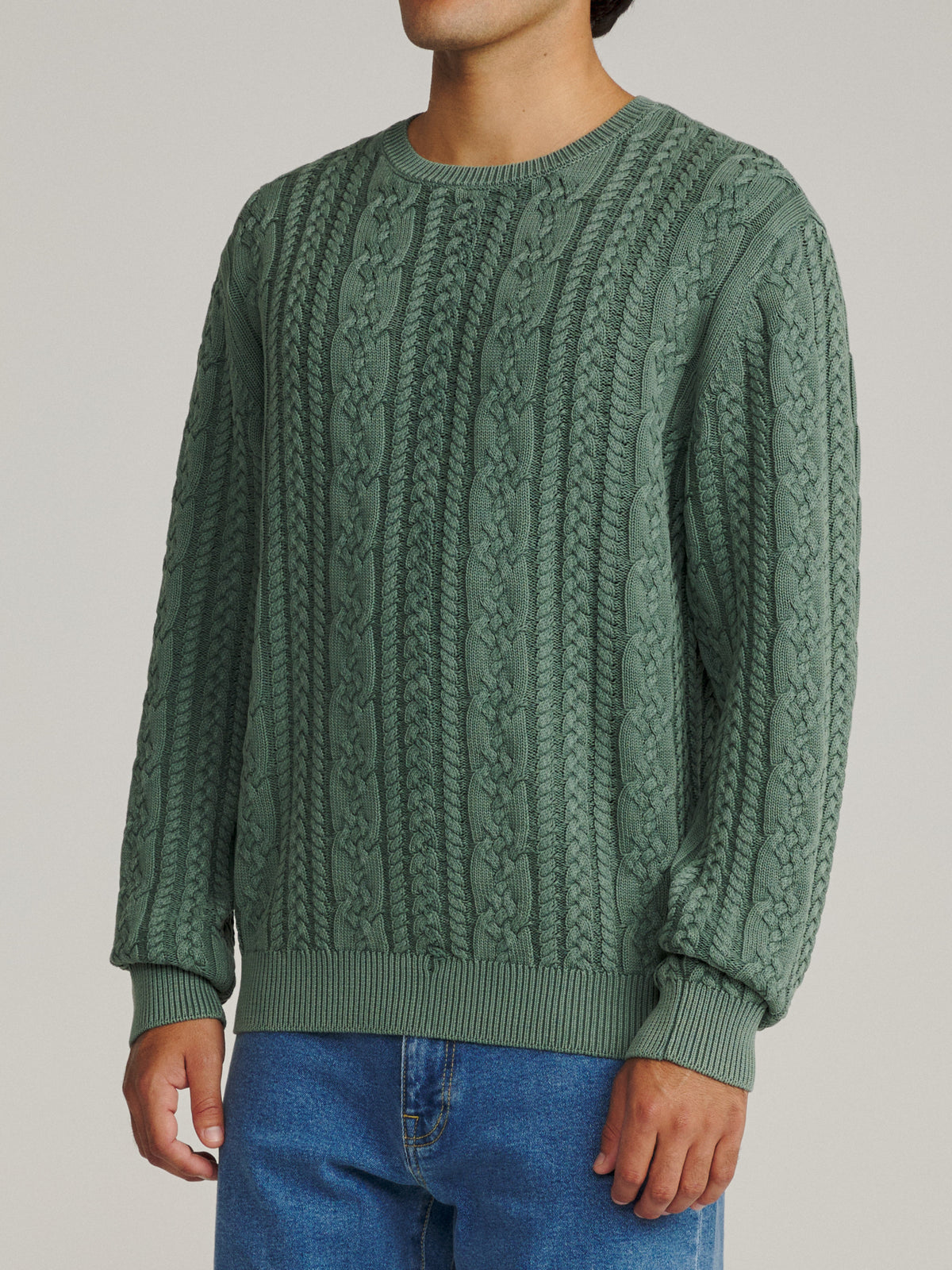 Katin Fisherman Sweater in Pine, on model, side #color_pine