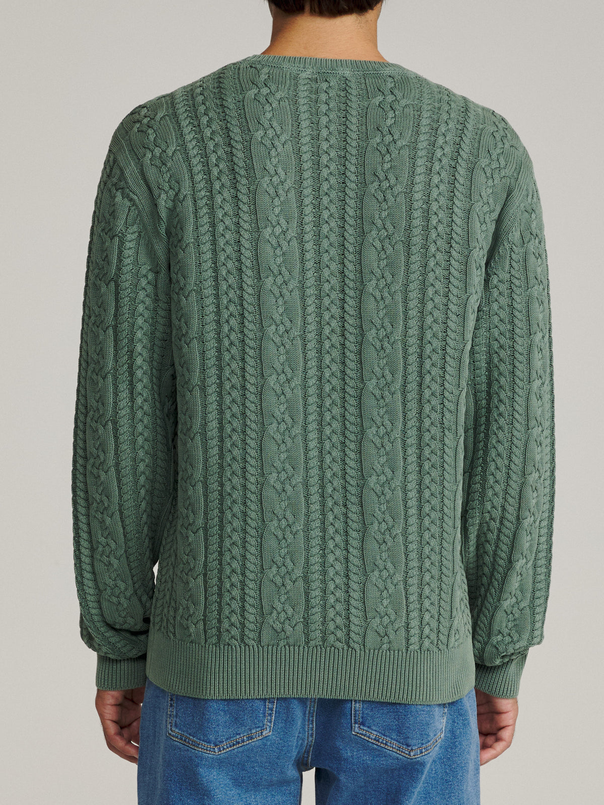 Katin Fisherman Sweater in Pine, on model, back #color_pine