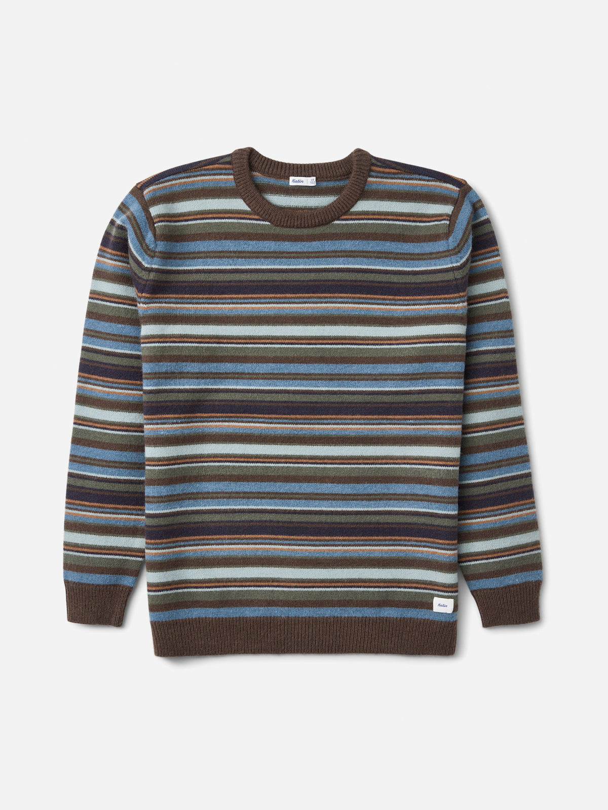 Katin Hitch Sweater in Tempest Blue with a custom stripe pattern, flat, front #color_tempest blue