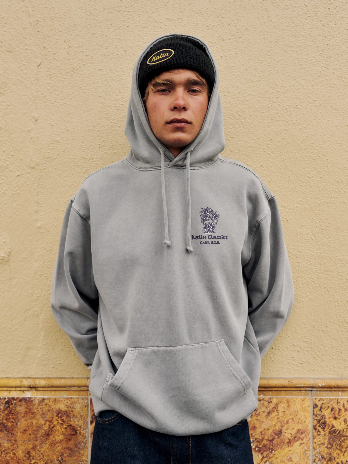 Katin Vine Hoodie in Heather Gray heavyweight fleece, on model, lifestyle #color_graphite vintage wash