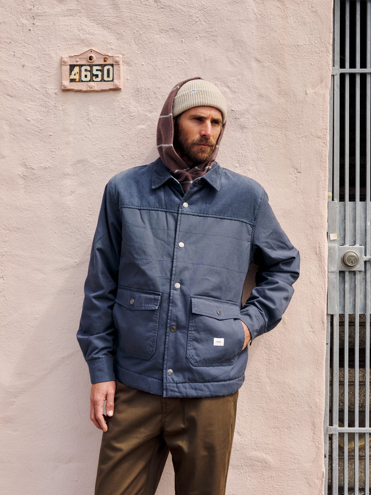 Katin Yukon Jacket in Washed Blue, cotton canvas with corduroy yoke and collar and sherpa lining, on model, lifestyle #color_washed blue