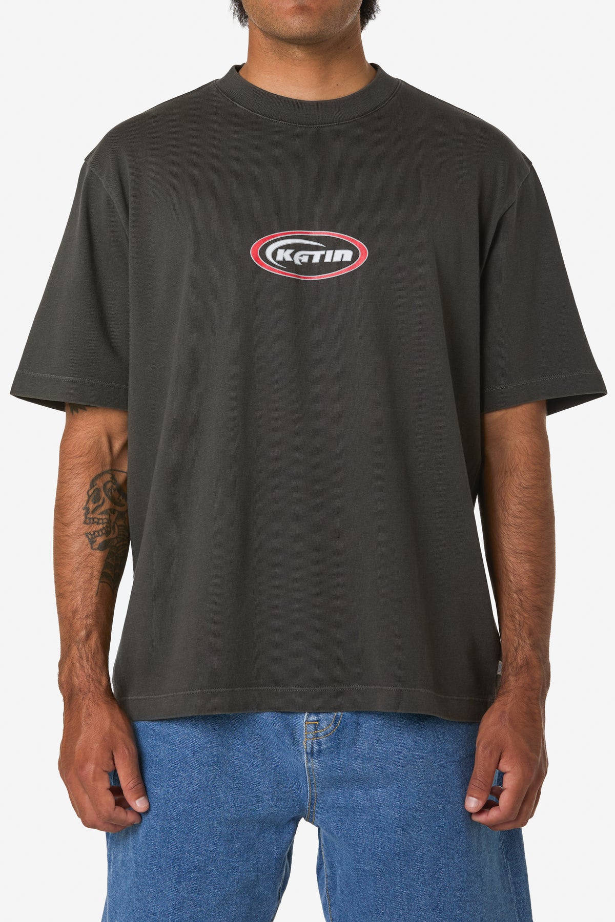 Katin Crescent Box Fit Tee in Lead, on model, front #color_lead