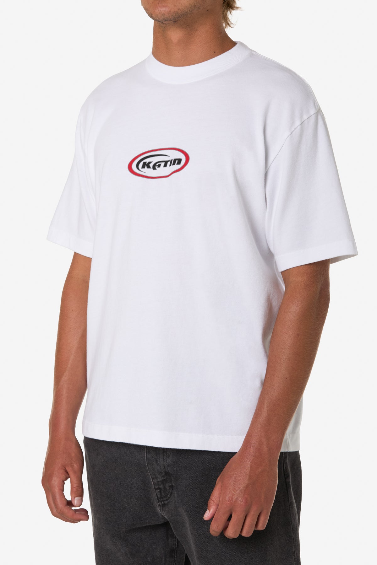 Katin Crescent Box Fit Tee in White, on model, side #color_white