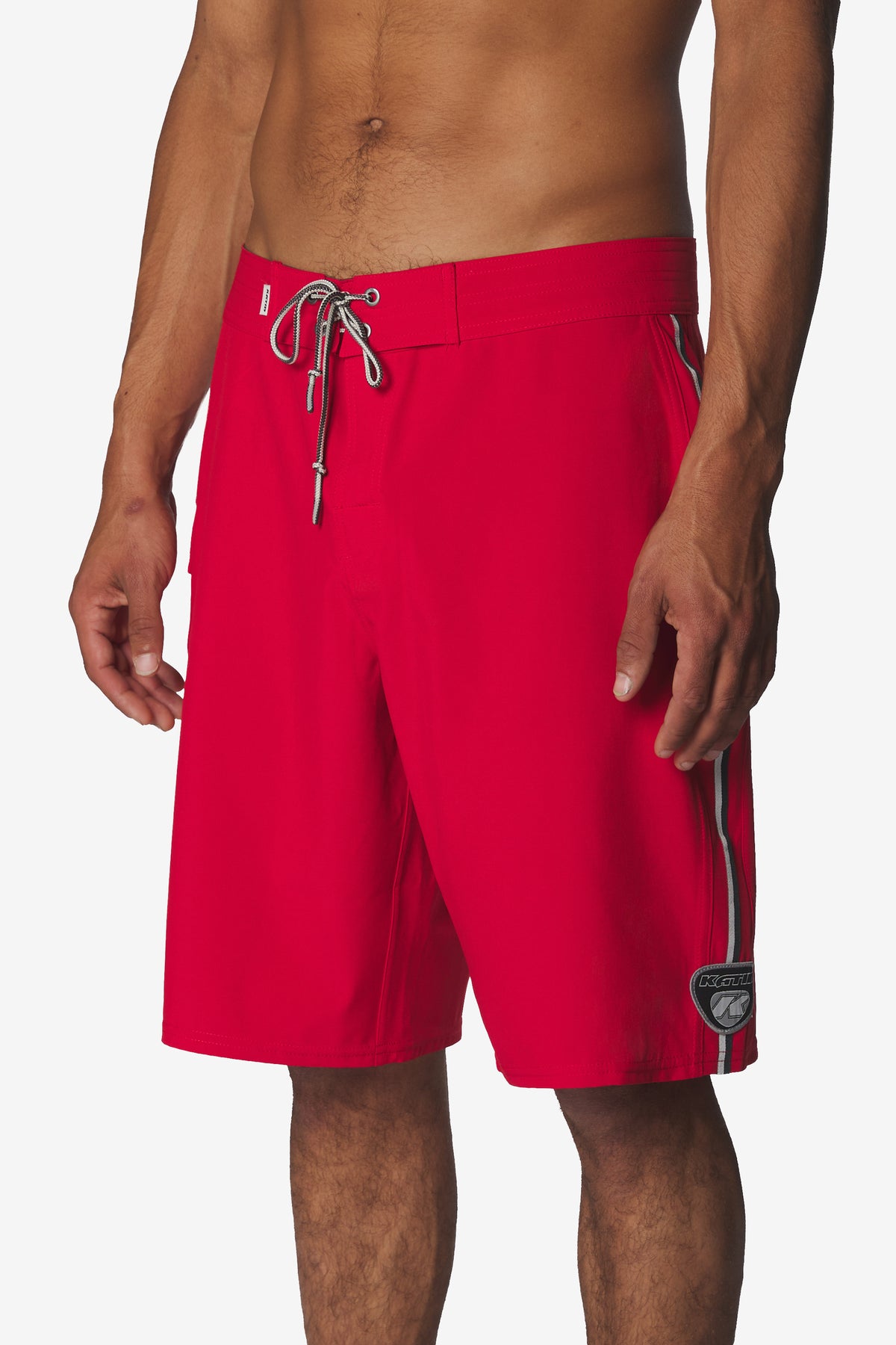Katin One Fifty One Surf Trunk in Red, on model, side #color_red