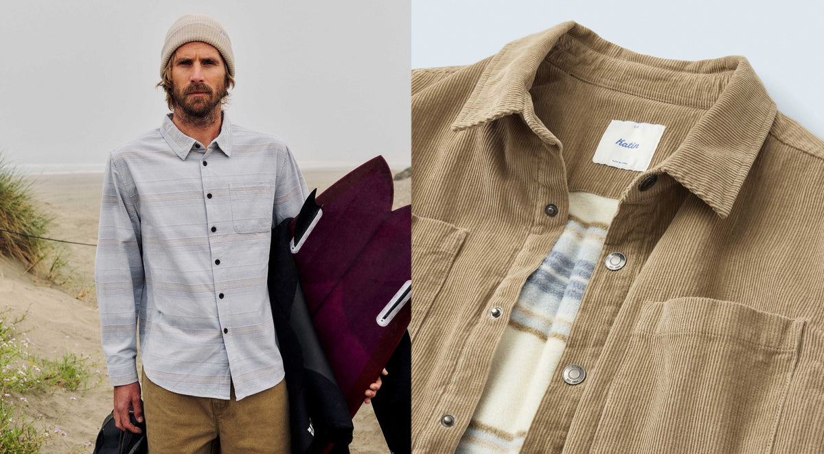 Man in a light blue striped shirt and knit beanie carrying a surfboard on a foggy beach, beside a close-up of the Harold Corduroy Shirt Jacket in Khaki with its striped fleece lining